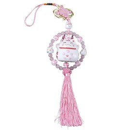 Porcelain Figurine Lucky Cat Hanging Pendant Chinese Kont Tassel Ornament, Feng Shui Lucky Cat Ceramic Pendant Charm for Wealth Fortune, Lucky Chinese Kont Car Interior Ornaments Decoration