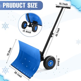 Snow Shovel with Wheels,29.1" W x 19.3" H Heavy Duty Snow Pusher for Driveway,Ergonomic Snow Pusher Shovel with Snow Removal Adjustable Angle & Height Handle for Driveway, Pavement (Blue)