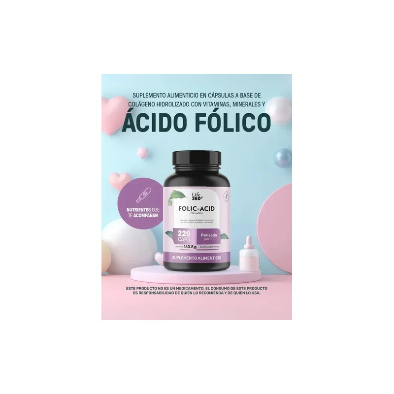 Ácido Fólico 220 Cápsulas Colágeno, Vitaminas y Minerales LIFE360