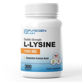 Puregen Labs L-Lysine Extra Strength 1000 MG per Tablet - 300 Servings | High Potency, Immune and Collagen Synthesis Support, Non-GMO, NO Gluten and Dairy - 300 Tablets Made in USA