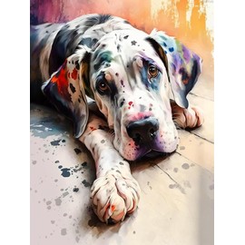 BDTTUG 5D Colorful Animals Diamond Painting Numbers Kits for Adults, DIY Dog Full Drill Diamond Painting, Resting Great Dane Round Diamond Art Crystal Craft for Home Wall Decor Gift 12x16inch