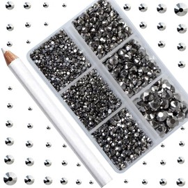 CMBYN 5000 Pieces 6 Mixed Sizes Glue Fix on Glass Rhinestones Round Crystal Gems Flatback for DIY Jewelry Making with one Picking Pen (6-Sizes 5000PCS, Jet Hematite)
