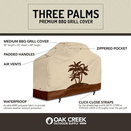 Oak Creek Designer Series BBQ Grill Covers. Heavy Duty Grill Covers Made of Waterproof Fabric Featuring Air Vents, Click Close Straps, and Pocket in 3 Palms Design