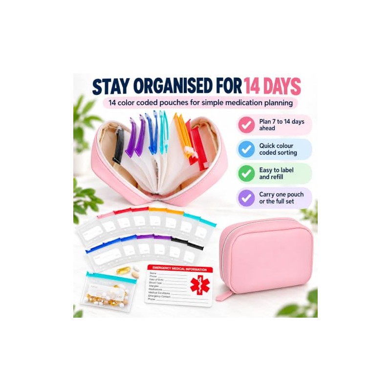 A8 Waterproof Pill Organiser for Travel with 14 Pill Pouch
