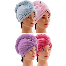 CAIHONG Microfibre Hair Towel, Pack of 4, Super Absorbent Hair Turban Towel with Button, Headscarf Towel for Long Hair, Quick-Drying Microfibre Hair Towel (Blue, Pink, Purple, Red)