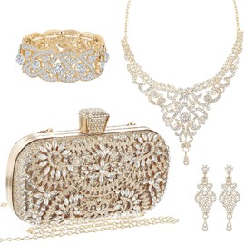4 Pcs Rhinestone Jewelry Set Clutch Evening Bag Elegant Crystal Necklace Dangle Earrings Bracelet Wedding Party Bridal Accessories for Women