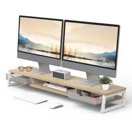Fenge Monitor Stand for Desk, Dual Monitor Riser with Drawer, 42.5 Inch Large Computer Monitor Stand for 2 Monitors, 2 Tier Wooden Desk Shelf for Top of Desk