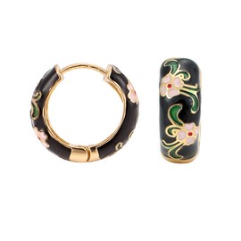 Vintage Enamel Flower Small Hoop Earrings, Retro Japanese Style Flowers Ear Clip-on for Women Delicate Jewelry-black