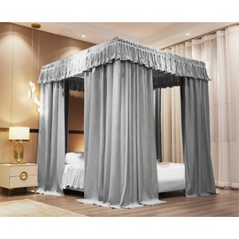 VETHIN Elastic Roof Style Four Corner Post Princess Bed Canopy Curtains Cozy Breathable Tent Canopy Mosquito Net for Girls & Adults Bedroom Decoration (Grey, 59-64" W*82" L*82"*H/(Queen))