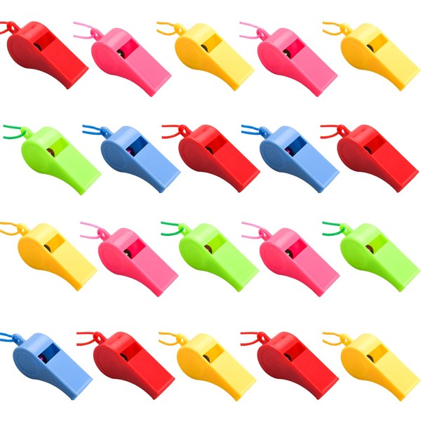 NAUZE 48 Pieces Neon Whistles with Lanyards Plastic Whistles Party