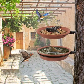 Grantop Set of 2 Bird Feeders and Bird Bath Set, Bird Bath for Balcony Railing, Water Bath for Birds, Bird Feeder Balcony Railing Round with Wall Bracket, Attracting Wild Birds