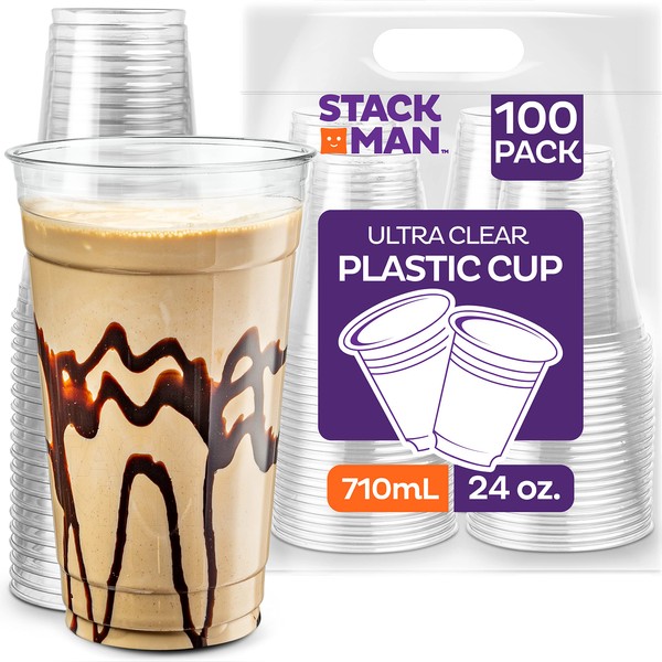 Stack Man [100 Pack - 24 oz.] Clear Disposable Plastic Cups PET Crystal Clear Disposable 24oz Plastic Cups