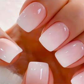 White Press on Nails Short Square Solid Color Ombre Fake Nails with Glue Natural Acrylic False Nails Stick on Nails for Women Girls Gift, Gel Nail Kit, Polish-Free Solid Color Manicure 24Pcs