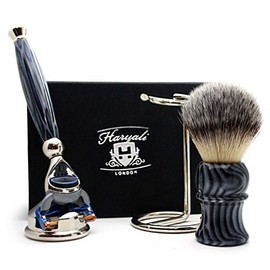 Haryali London 4 Pc Mens Shaving Kit 5 Edge Razor with Synthetic Badger Hair Shaving Brush, Stainless Steel Razor Stand and Brush Stand Perfect Set for Men