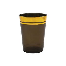 Party Essentials Disposable All-Purpose 10 oz Plastic Tumblers Drinking Cups for Wine/Sparking/Appetizer/Dessert, 50-Count, Semi-Transparent Black with Gold Rim