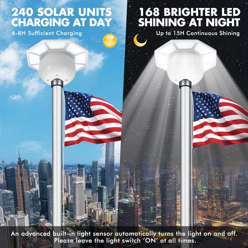 Compact Solar Flag Pole Light, 168 LED, 1400 Lumen Brightness,