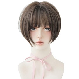 Full Wig Short Bangs 3D Gradient Hair Arrangement Neckline Volume Curl Straight Whorl Heat Resistant Natural Volume Loss Feeling (Cool Ash Brown)