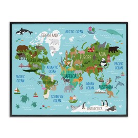 Stupell Industries Kid's Animal World Map Favorite Regional Wildlife, Designed by Lisa Whitebutton Black Framed Wall Art, Blue