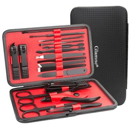 Glamne Juego de manicura y pedicura, cortaúñas, profesional, de acero inoxidable, con estuche de viaje de cuero, 18 en 1, color negro