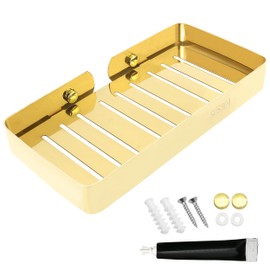 Soap Dish Holder Basket Stainless Steel Wall Mounted, Heavy Duty Shower Soap Suction Caddy Tray Saver with Drain, Brushed Gold Sponge Organizer for Bathroom Kitchen, Drilling with Screw (Size: Large)