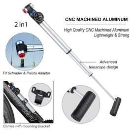BETO Damper Pump for Schrader & Presta, Bicycle Pump with Pressure Gauge, Air Pump Bicycle Small 120 PSI, Frame Pumps for MTB Made of Aluminium