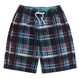 ICE CROSS Boys Swim Shorts - Youth Quick Dry Swim Trunks with Mesh Lining (Black, Blue White Stripes, 9/10Y)