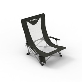 Superrella Portable Low Beach Chair for Adults with Cup Holder Hard Arm Folding Lawn Chairs Outdoor, Black, Support 400 lbs