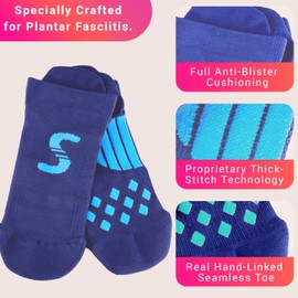 M PAIN MANAGEMENT TECHNOLOGIES Plantar Fasciitis Sock By Stretch for Men and Women, High Compression Running Sock with Unique Built-Up Arch and Metatarsal Support (Blue, Small - Medium)
