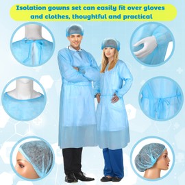 Xuhal 25 Set Disposable Isolation Gowns Set PPE Gowns Disposable and Non Woven Bouffant Caps with Elastic Cuffs for Labs Home Isolation Beauty Agencies Food Service, Unisex Adult (Blue)