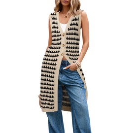 Cakulo Womens Sleeveless Crochet Cardigans Beach Cover Up 2025 Summer Long Knit Sweater Vest Tops Black and Khaki Striped L