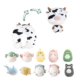 JOYRAVO 2-in-1 Travel Pillow for Kids - Soft and Adorable Animals Plushie That Converts into a U-Shaped Neck Pillow for Ultimate Comfort During Airplane, Train, Bus Trip -Milk Cow