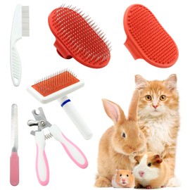 Rabbit Grooming Kit Set with Pet Shedding Slicker Brush Nail Clipper Trimmer Pet Massage Bath Glove Flea Comb for Bunny Puppy Kitten Guinea Pig Chinchilla Ferret Small Animals (Red, Pink)