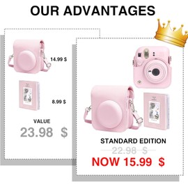 Funda protectora para cmara instantnea Fujifilm Instax Mini 12 Funda de piel premium con mini lbum de fotos y correa extrable y ajustable (rosa flor)