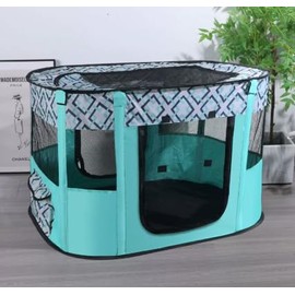 DAJILI Foldable Pet Playpen, Portable Dog Cage, Portable Small Dog Cat Crate, Soft Indoor Outdoor Pet Cage, Portable Kennel Cage for Puppy DogS Kitten Cat(Plaid Green-S, 70X55X40CM)
