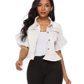 Suvimuga Women's Denim Jacket Button Down Distressed Ruffle Sleeve Crop Jean Jackets Coat White S