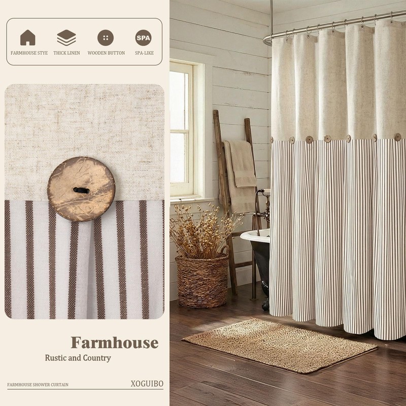 XOGUIBO Farmhouse Shower Curtain Linen Beige Button Woven Fabric Country