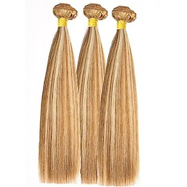 AiPliantfis Straight Human Hair Bundles Blonde Extensions Real Hair Brazilian Remy Hair Double Weft 27613 Blonde Real Hair Wefts Brazilian Hair Bundles 100 g/PC 300 g Total 26 28 30