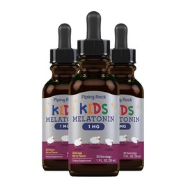 Piping Rock Kids Melatonina Líquido 1 fl oz | 1 mg | Paquete de 3 botellas | Gotas de sabor a bayas | Suplemento sin OMG, sin gluten