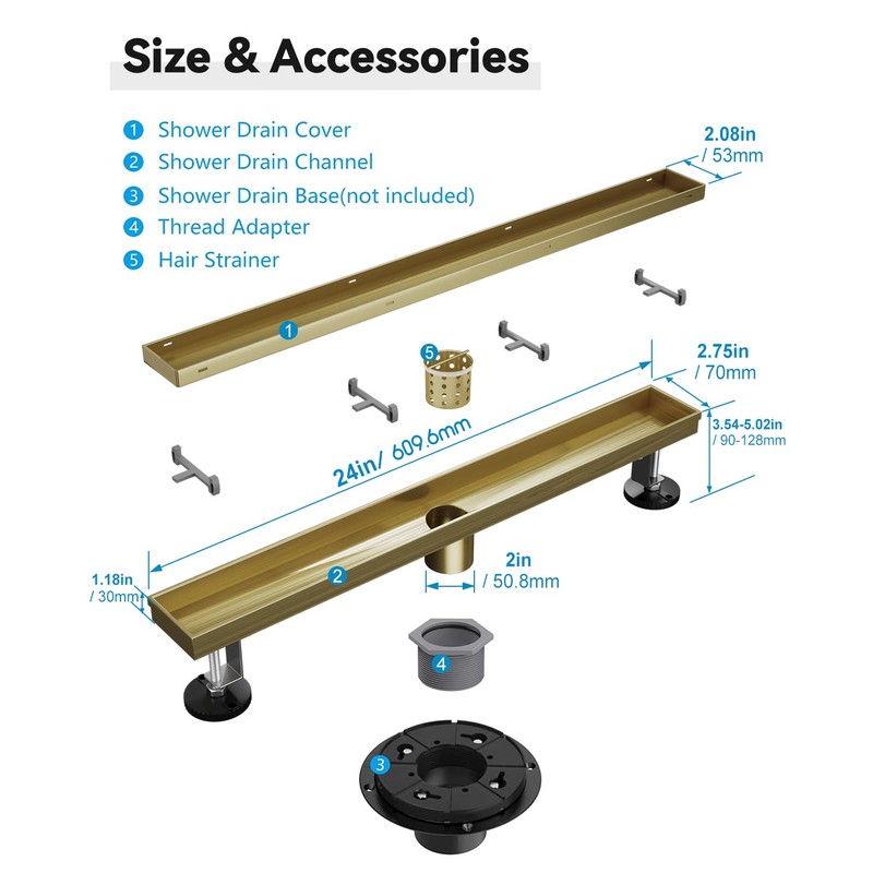 HTOH Gold Shower Drain, 24 Inch Linear Shower Drain with