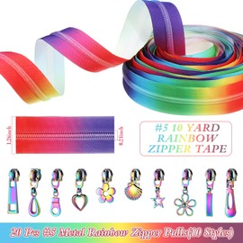 Zeyune #5 Rainbow Zipper Tape by The Yard 10 Yards Rainbow Teeth Nylon Zipper with 20 Pcs Colorful Metal Slider Pulls (10 Styles) for DIY Sewing Tailor Crafts (Multicolor)