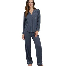 Crescentt Oeko-TEX Luxurious Organic Bamboo Viscose Silk Pajamas for Women - Ultra-Soft Sleepwear for Unparalleled Comfort (Steel, Medium)