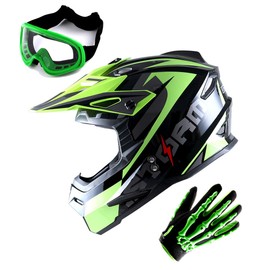 1Storm Youth Motocross Helmet ATV BMX MX Dirt Bike Go Kart Kids Helmet Teenager Racing Style DOT; Sonic Yellow + MX Goggles + MX Skeleton Gloves Bundle