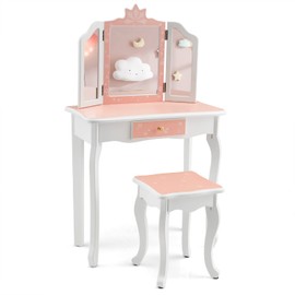 MAT EXPERT Kids Vanity, Snowflake Themed Toddler Vanity with Tri-Folding Mirror, Storage Drawer, Pretend Play Princess Makeup Dressing Table, Wooden Girls Vanity Set with Mirror and Stool (Pink)