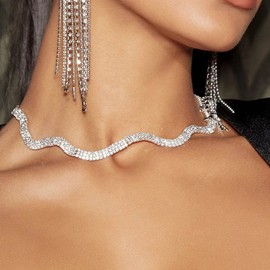 Chennie Rhinestone Choker Necklace Silver Crystal Necklaces Fashion Water Ripple Clavicle Chain Party Sparkly Adjustable Chain Jewerly for Women and Girls