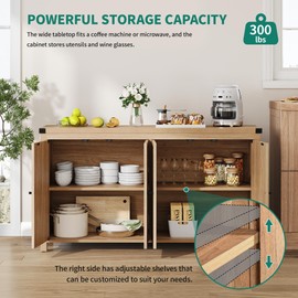 YITAHOME 55'' Farmhouse Buffet Cabinet with Storage, Kitchen Sideboard with 4 Doors, Large Storage Cabinet, Coffee Bar Cabinet with Adjustable Shelf for Living Room, Oak