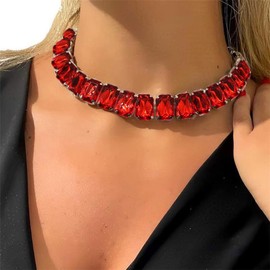 Xerling Wedding Statement Red Crystal Choker Necklaces for Women Brides Bling Rhinestone Multicolor Chain Large Crystals Pendant Choker Collar Jewelry Necklaces (Red)