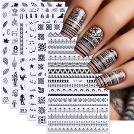 Saudi Style Nail Art Stickers Black Egyptian Ethnic Style Geometry Nail Stickers 6PCS Letter Leaf Totem Saudi Theme 3D Self-Adhesive Nail Decals Nail Art Supplies for Women DIY Manicure Decorations
