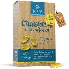 Testa Omega 3 Supplement - 250mg DHA from Algae Oil - Vegan Omega 3 - Supports Brain, Eye & Joint Health - Not from Fish, Pure Algae Capsules - Two Months Supply