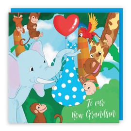 Hunts England - To Our New Grandson New Baby Card - Newborn - Elephant Holding New Baby - Blue - Card From Grandparents - Jungle Collection