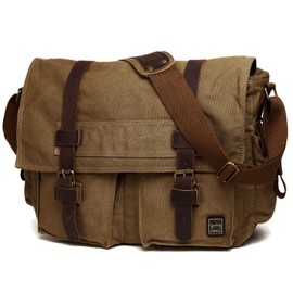 Berchirly Men 14.7Inch Laptop Messenger Crossbody Bag Military Canvas Leather Travel Shoulder Bags